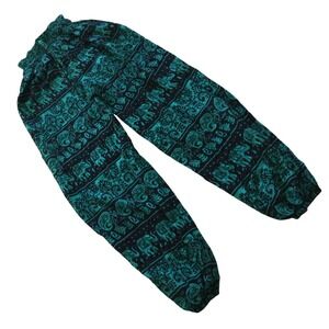 Boho Elephant Print Harem Pants Teal Navy Blue Lightweight Casual Festival M